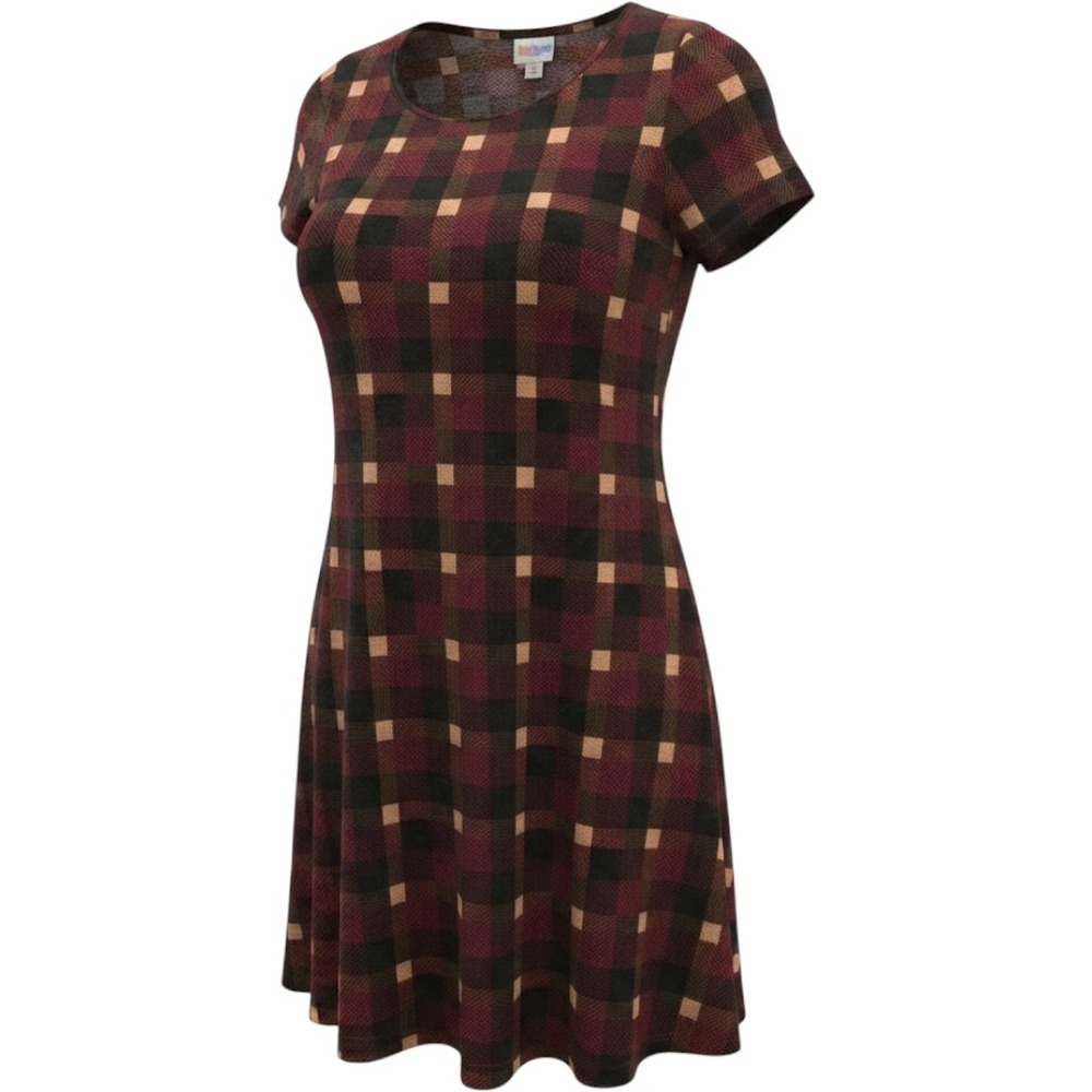 LuLaRoe Carly Dress Womens XS Burgundy Black Plaid High Low Short Sleeve Swing